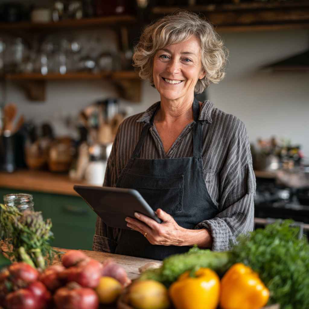 Жінка віком 55 років на кухні тримає планшет з мобільним додатком glemfrader, усміхається і готує здорову їжу за персональним рецептом