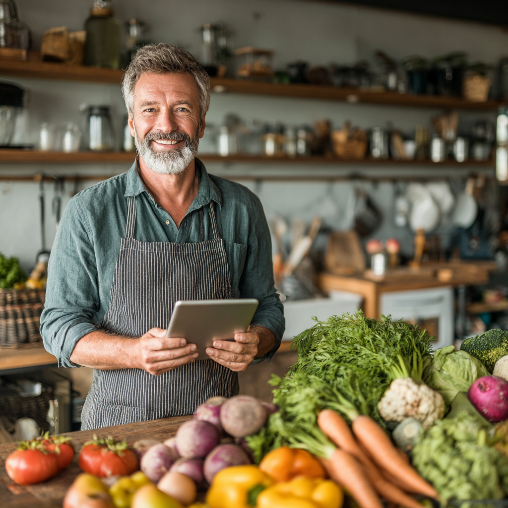 Чоловік віком 58 років з планшетом в руках усміхається, стоячи на кухні повній свіжих овочів та фруктів, демонструючи задоволення від користування сервісом планування харчування