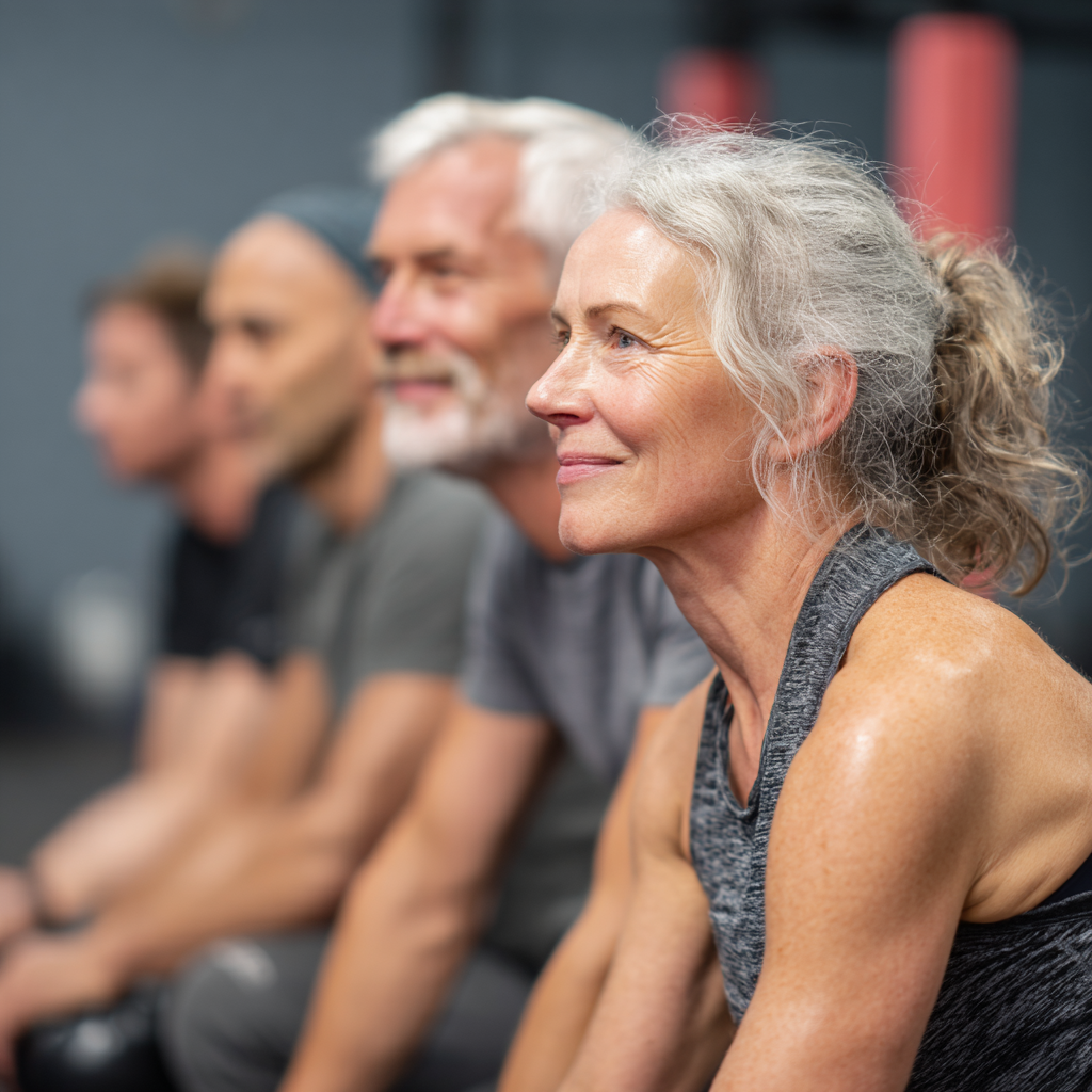 Група активних людей 50-60 років бере участь у груповому занятті з функціонального тренінгу