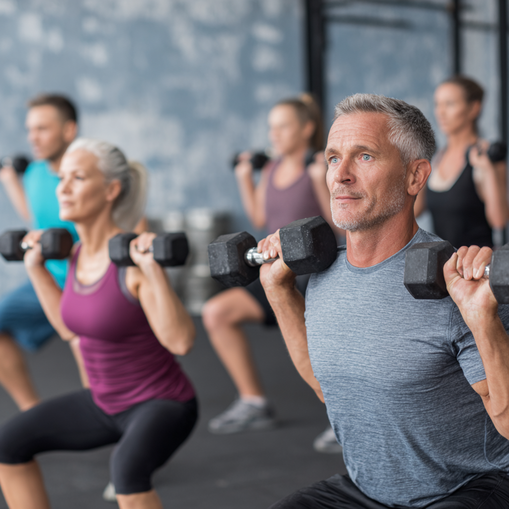 Група людей 50-60 років виконує кросфіт вправи під керівництвом тренера