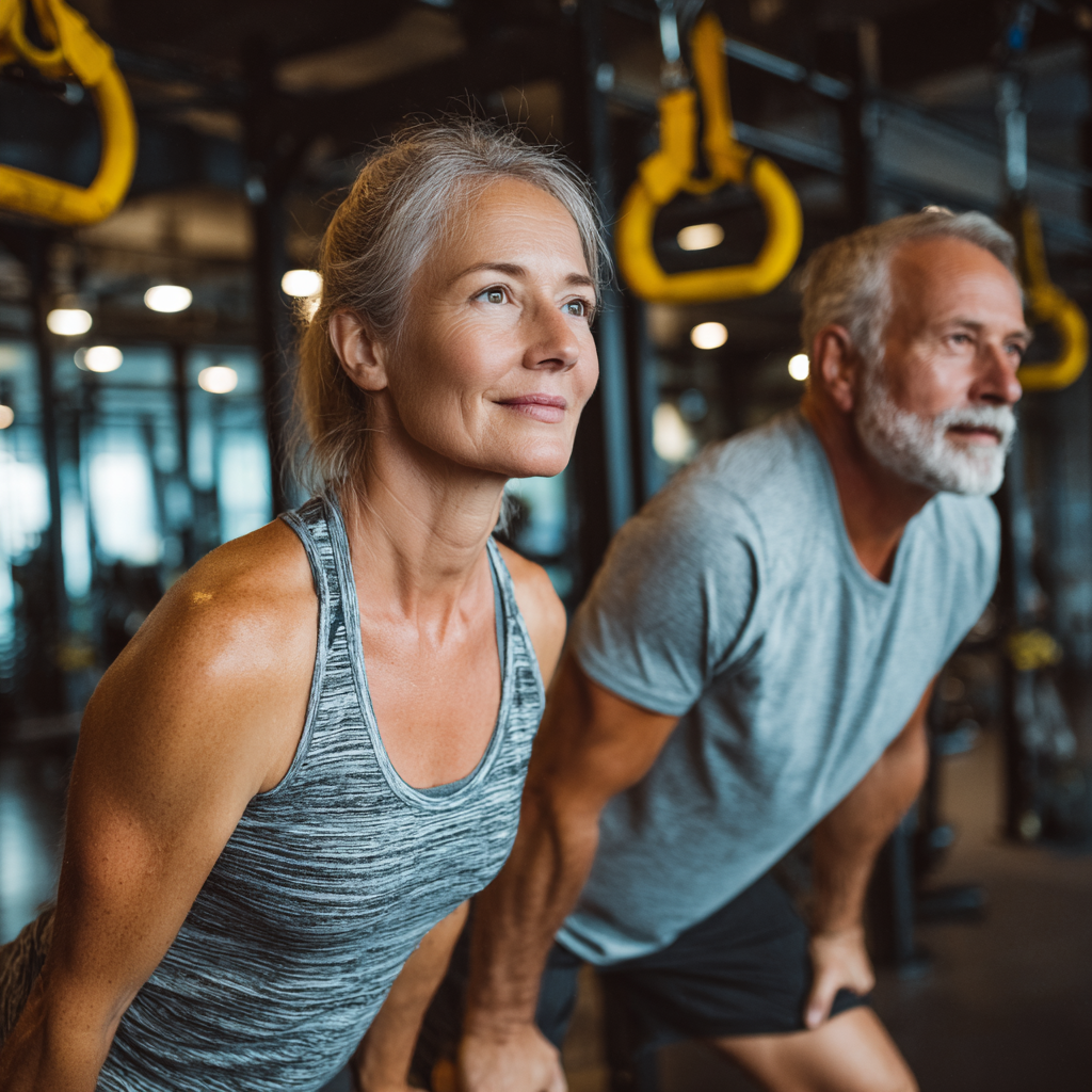 Чоловік і жінка 50-60 років виконують функціональні вправи у сучасному фітнес-залі