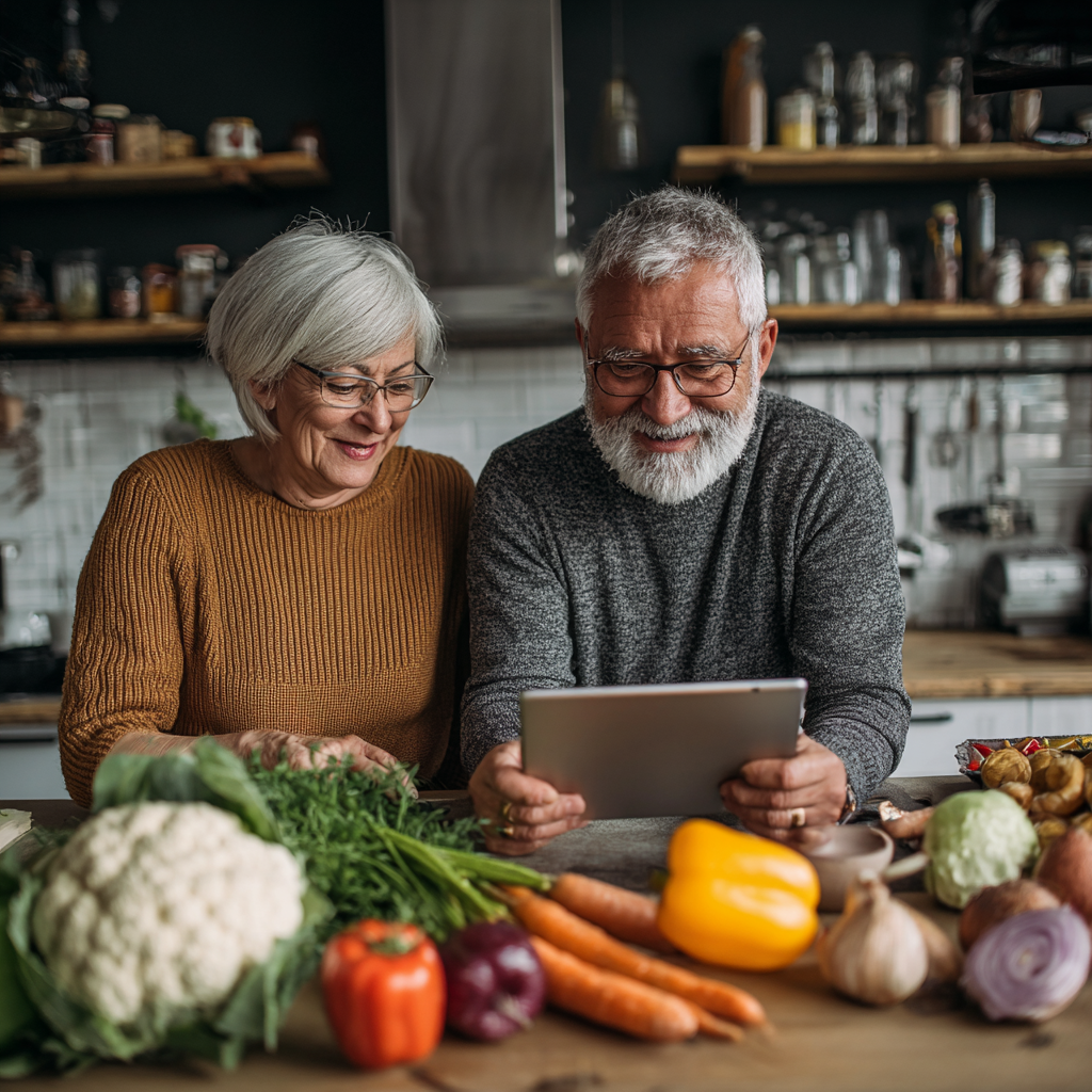 Пара віком 60 років сидить за кухонним столом з планшетом, плануючи здорове меню та насолоджуючись процесом вибору корисних продуктів