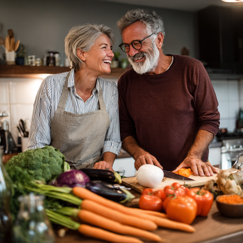 Чоловік та жінка віком 55 років готують здорову їжу на кухні, усміхаючись і насолоджуючись процесом планування збалансованого харчування