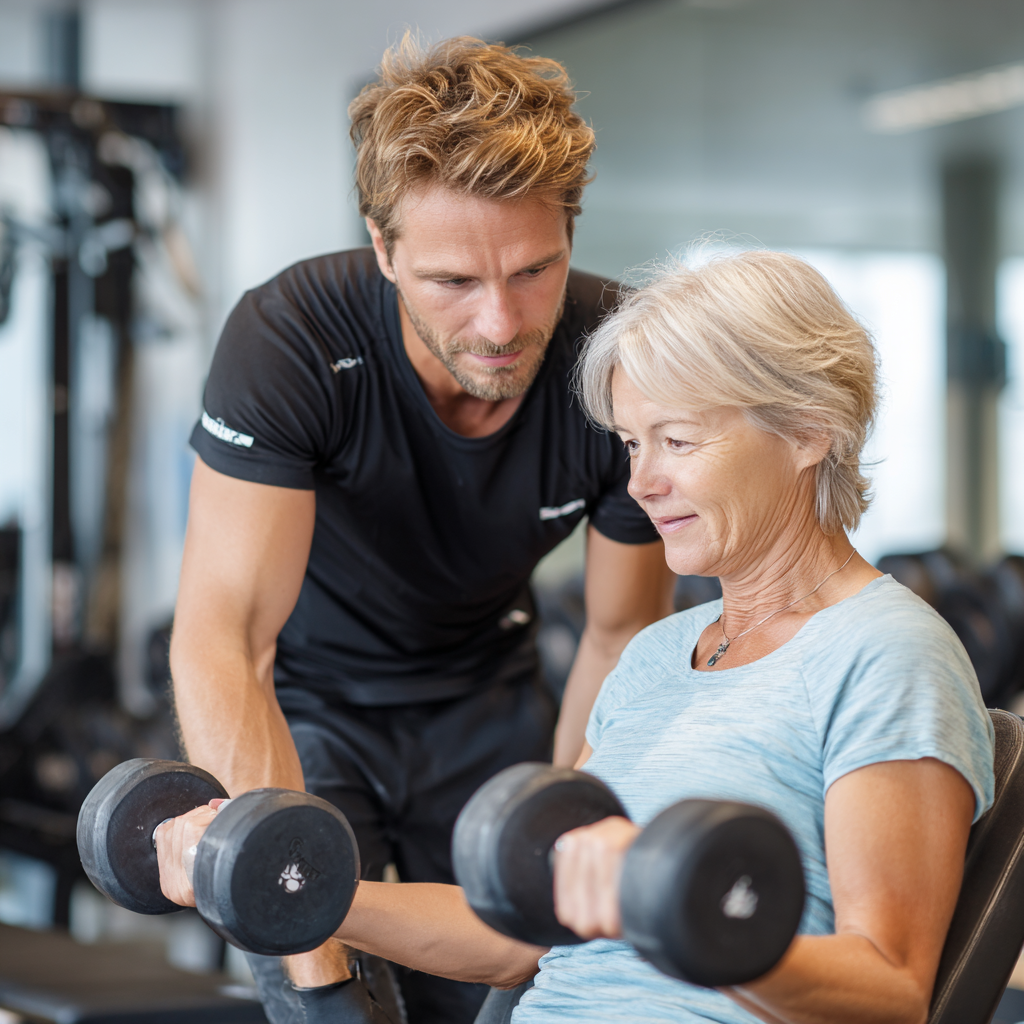 Персональний тренер працює з жінкою 55 років, показуючи правильну техніку виконання вправ з гантелями